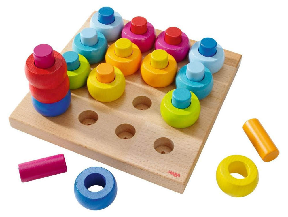 Rainbow whirls wooden sorting and stacking game by Haba